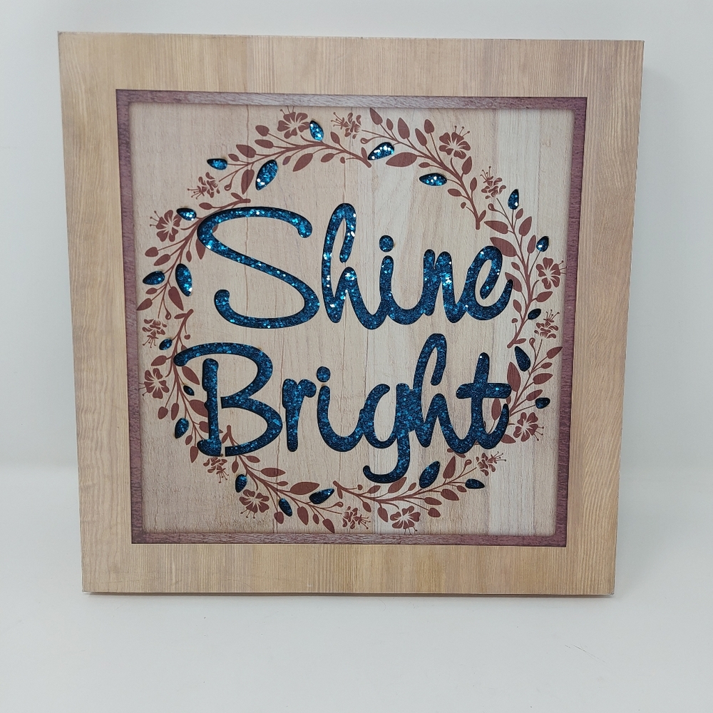 Shine Bright Blue Glitter Wood Grain Hanging Wall Decor Inspirational Sign